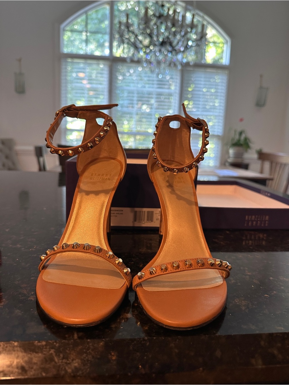 Stuart Weitzman Tan Studded Ankle-Strap Heels Logoswoon